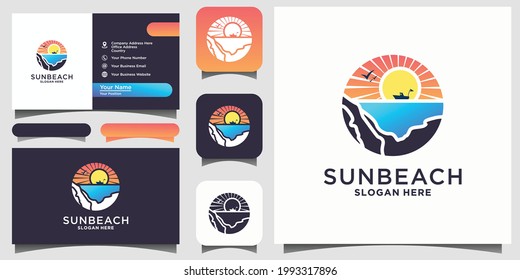 Sun ocean with ship logo design inspiration Vector
