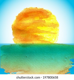Sun and ocean. Watercolor abstract background