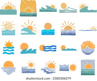 Sun and ocean wave flat design illustration for decoration on summer, nautical and summer holiday event.