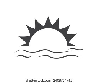 Sun with ocean wave. Sunset Beach. Sun icon isolated on white background. Vector illustration