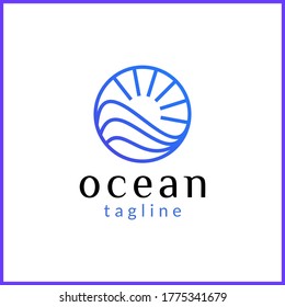 the sun and ocean waves in a dark blue circle