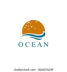 Sun and ocean waves logo design with flying birds