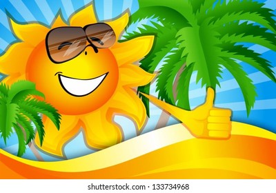  sun on the beach with palm trees