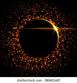 Sun on black background. Sun eclipse. Solar eclipse. Vector eclipse.Lights effect. Sun in space.