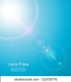 Sun on blue sky with lenses flare - vector illustration
