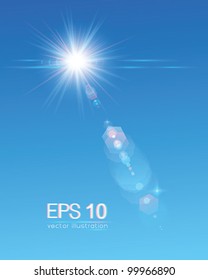 Sun on blue sky with lenses flare (vertical) - vector illustration.