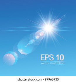 Sun on blue sky with lenses flare - vector illustration.