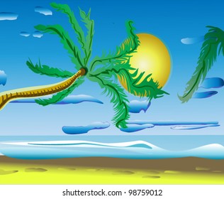 sun on blue sky and palm trees on a sandy beach