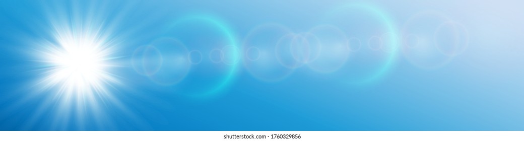 Sun on a blue sky. Vector transparent sunshine special lenses flash light effect. Vector blur in the light of shine. Decor element. Horizontal Star Rays and Spotlight