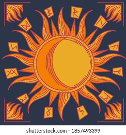 sun on a dark blue background, runes