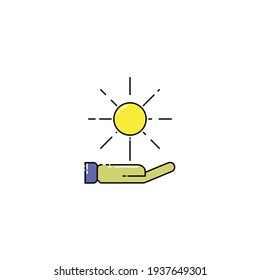 Ilustración vectorial de sun on hand, diseño vectorial de icono de sol lindo en la mano, carga icono vectorial de diseño plano para sitio web, símbolo, logotipo, icono, signo, aplicación, interfaz de usuario