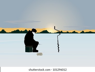 The sun on the horizon of the forest stands over the snow-covered pond. A man catches a fish winter fishing rod in the hole.