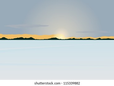 The sun on the horizon of the forest stands over the snow-covered pond.