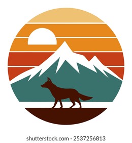 sun on the mountain and fox silhouette on retro vi