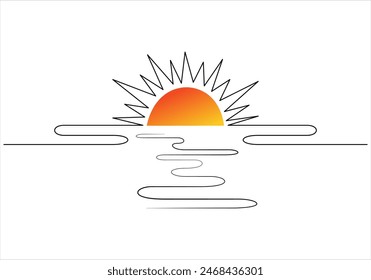 Sun on Sea Beach eine schwarze, durchgehende Linie. Vektorillustration.