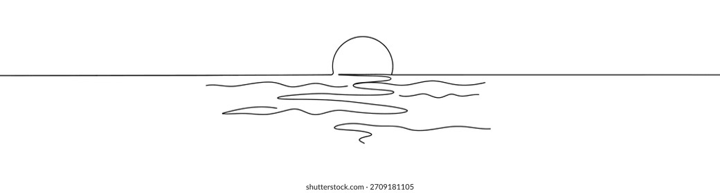 Sun on sea continuous one line drawing. Hand drawn sunshine.