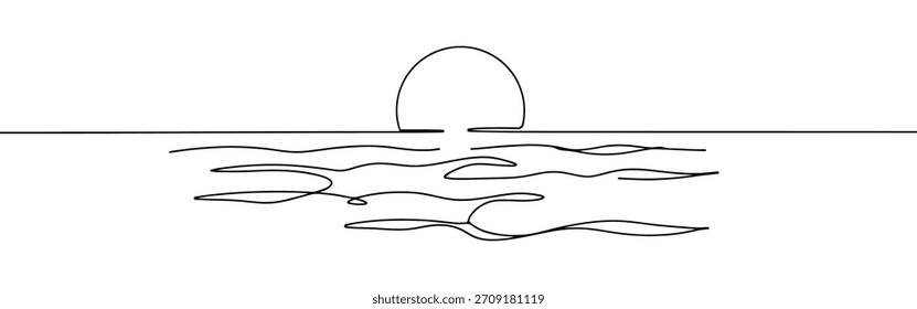 Sonne auf See durchgehende einzeilige Zeichnung. Handgezeichneter Sonnenschein.