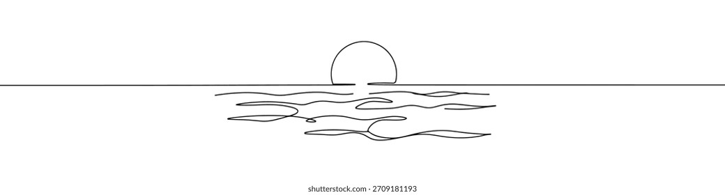 Sun on sea continuous one line drawing. Hand drawn sunshine.
