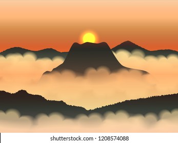 Sun on sky and mist in the mountains. Vector Illustration