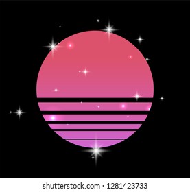 Sun on starry sky, inspirated by 1980s-1980s computer games graphics. Logotype or music cover/ poster template. Vaporwave/ synthwave/ retrowave style.