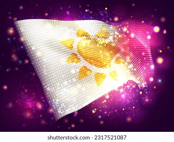 Sun, on vector 3d flag on pink purple background with lighting and flares