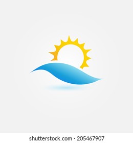 Sun on the wave vector symbol - abstract sea sunset icon