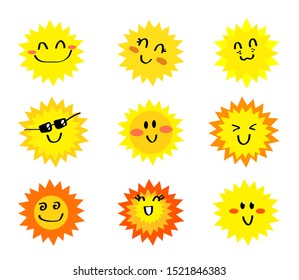 Sun on a white background. A collection of different suns. Vector illustration.