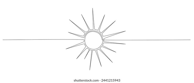 Sun - one single hand drawing continuous line banner. Vector stock illustration isolated on white background for design template summer travel poster, flyer. Editable stroke. EPS10