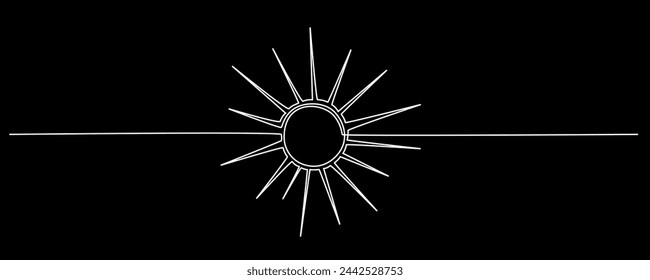 Sol - una sola mano dibujando banner de línea continua. Ilustración de stock de vector aislado en fondo de pizarra negro para plantilla de diseño póster de viaje de verano, volante. Trazo editable. EPS10