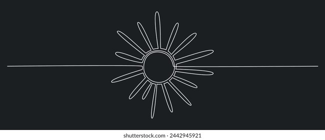 Sun - one single hand drawing continuous line banner. Vector stock illustration isolated on black chalkboard background for design template summer travel poster, flyer. Editable stroke. EPS10