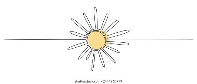 Sun - one single hand drawing continuous line banner. Vector stock illustration isolated on white background for design template summer travel poster, flyer. Editable stroke. EPS10