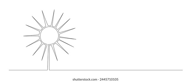 Sun - one single hand drawing continuous line banner. Vector stock illustration isolated on white background for design template summer travel poster, flyer. Editable stroke. EPS10
