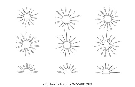 Sun - one single hand drawing continuous line set. Vector stock illustration isolated on white background for design template summer travel poster, flyer. Editable stroke. EPS10