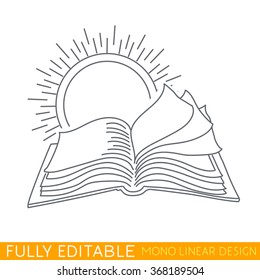 Sun and open book. Bible. Modern thin line logo concept. Fully editable curves. Mono linear pictogram of outline symbol. Stroke vector icon concept.