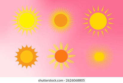 Sonne in orangefarbenen gelben Farben mit Strahlen auf rosafarbenem Farbverlauf-Hintergrund