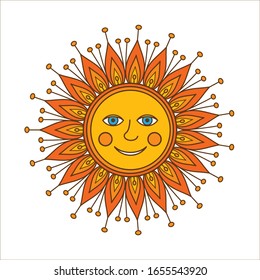 Sun, ornamental doodle vector illustration isolated on white backgrounds. Russian symbol holiday spring Shrovetide. National holiday.