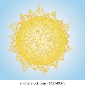 The sun of the ornaments / Sun drawn in the vector editor. Compozed of  plant ornaments yellow. Blue background. 