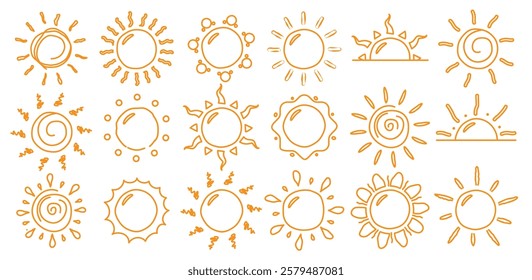 Sun outline clipart icon set. Yellow sun in hand drawn, drawing and doodle sunrays clip art vector illustration summer symbol collection.
