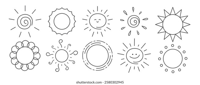 Sun outline drawing clipart set. Black sun clip art hand drawn collection with doodle line symbol and icon vector illustration.
