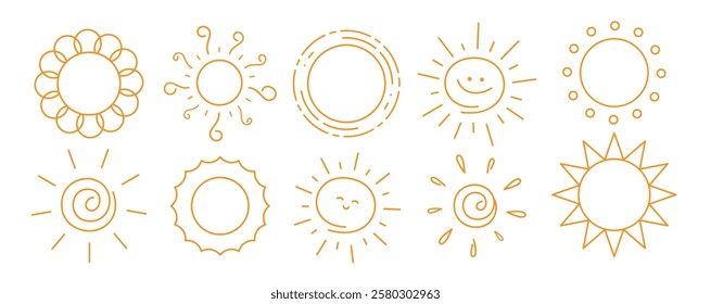 Sun outline drawing clipart set. Orange sun clip art in doodle hand drawn symbol and icon collection with variety of sunrays vector illustration.
