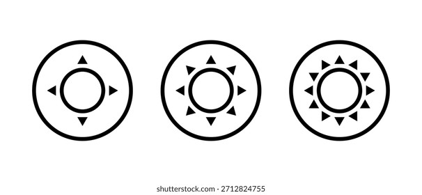 Icono de contorno del sol establecido en línea circular. Símbolo de Clima y brillo