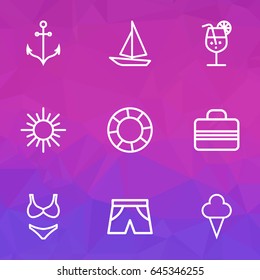 Sun Outline Icons Set. Collection Of Beachwear, Lifesaver, Ship And Other Elements. Also Includes Symbols Such As Anchor, Cocktail, Lifebuoy.