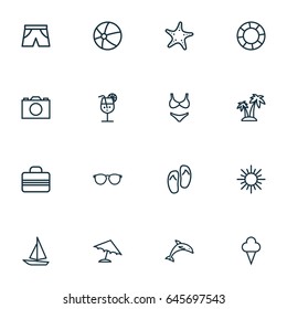 Sun Outline Icons Set. Collection Of Palm, Ice Cream, Baggage And Other Elements. Also Includes Symbols Such As Glasses, Panties, Flop.