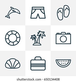Sun Outline Icons Set. Collection Of Photo, Shoes, Baggage And Other Elements. Also Includes Symbols Such As Island, Photo, Video.