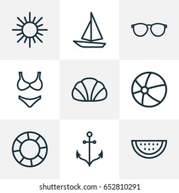 Sun Outline Icons Set. Collection Of Armature, Melon, Beachwear And Other Elements. Also Includes Symbols Such As Life, Sunny, Sail.