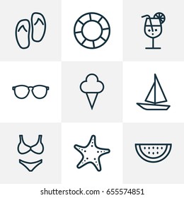 Sun Outline Icons Set. Collection Of Glasses, Melon, Shoes And Other Elements. Also Includes Symbols Such As Shoes, Sail, Beachwear.