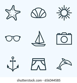 Sun Outline Icons Set. Collection Of Armature, Sunny, Glasses And Other Elements. Also Includes Symbols Such As Photo, Animal, Shorts.