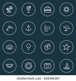 Sun Outline Icons Set. Collection Of Shoes, Palm, Photo And Other Elements. Also Includes Symbols Such As Swimming, Conch, Baggage.
