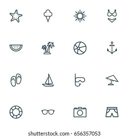 Juego de iconos de esquema Sun. Colección De Salvavidas, Palm, Barco Y Otros Elementos. También Incluye Símbolos Como Sol, Estrella, Hielo.