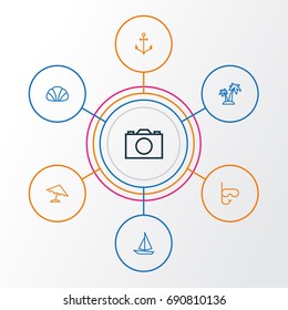 Sun Outline Icons Set. Collection Of Palm, Swimming, Conch And Other Elements. Also Includes Symbols Such As Camera, Boat, Mask.